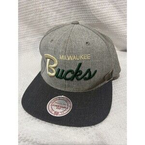 Milwaukee Bucks Snapback Hat Cap Gray Script Mitchell And Ness NBA Basketball